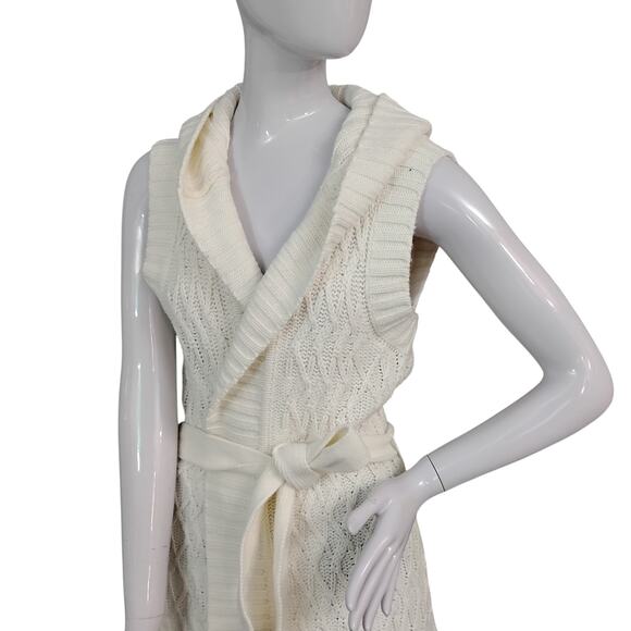 Sonoma Cable Knit Cardigan Size Medium Cream Hooded Sleeveless Tie At Waist - Picture 3 of 10
